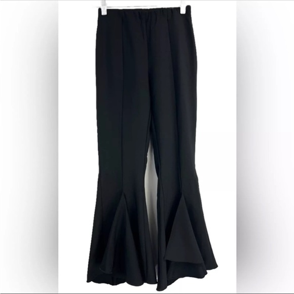 ZARA FRILLY CREPE TROUSERS Bell Bottom Flared Black Pants Size XS - Picture 2 of 9